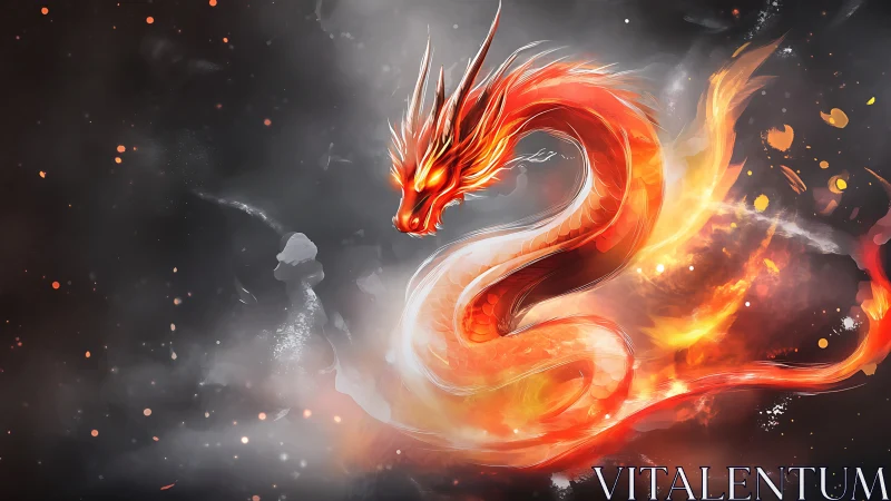 Fiery serpentine dragon coils through smoke and embers.