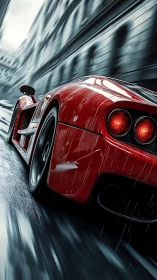 Red supercar accelerates through rainy city street in motion blur