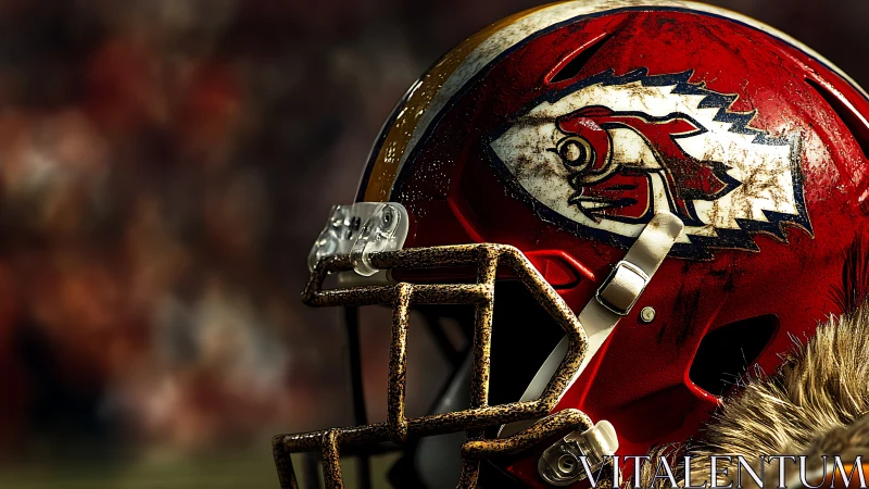 Close-up of worn red American football helmet on field.