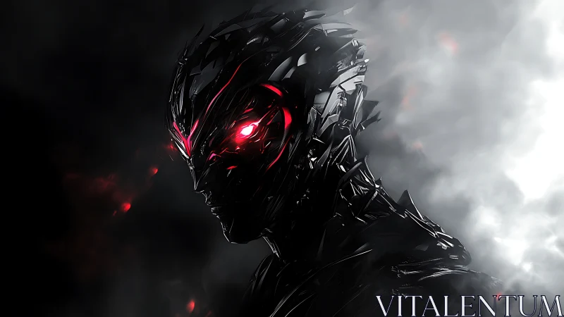 Shattered metal phantom gazes out with molten ruby eyes