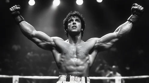 Shirtless Athletic Figure Triumphantly Raising Fists in Ring Under Spotlight.