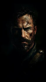 Battle-scarred soldier portrait in dramatic low key lighting.