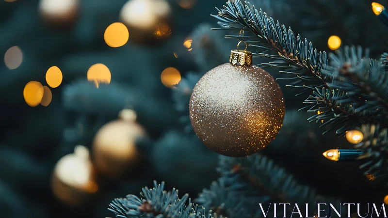 Gold ornament glows against deep green Christmas branches.