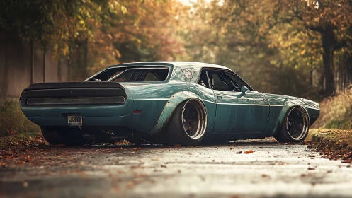 Low-slung teal muscle car prowls a damp autumn backroad