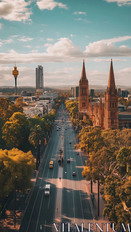 City avenue with church spires and mixed urban skyline at dusk