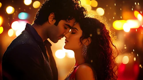 Two figures positioned close together against warm bokeh background lighting.