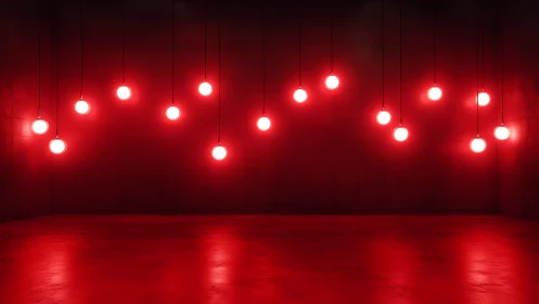 Suspended red globes in minimal dark room, soft volumetric glow