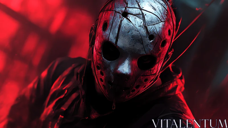 Broken metal mask in eerie red light invites bold curiosity.