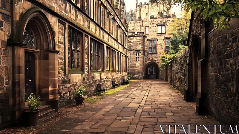 Stone courtyard passageway shows historic institutional buildings