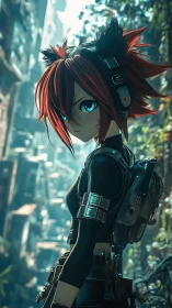 Cyberpunk cat-eared scout surveys overgrown ruined city