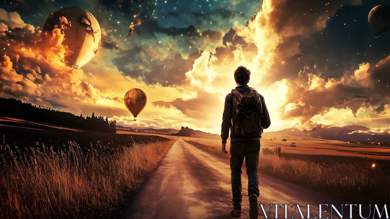 Lone traveler walks toward surreal glowing sky with airships