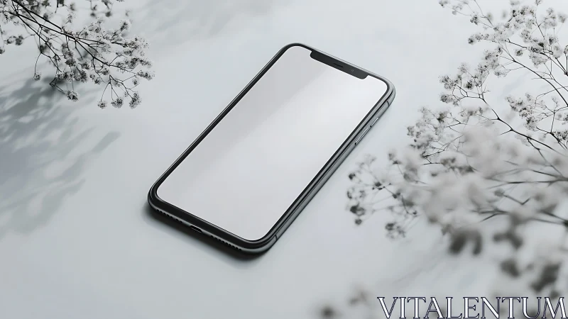 Smartphone lies on reflective surface beside out-of-focus plants