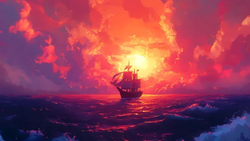 Sailing ship silhouette on open sea under vivid sunset sky.