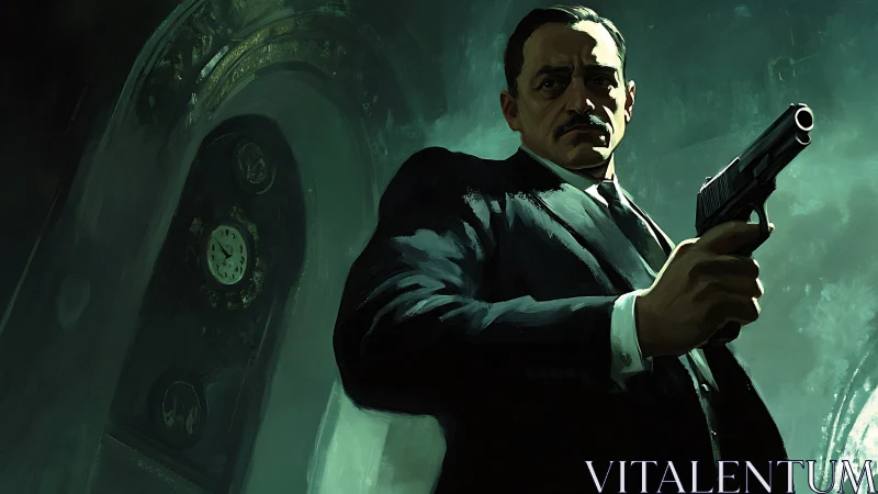 Stoic gentleman with a gun in a moody, suspenseful scene.