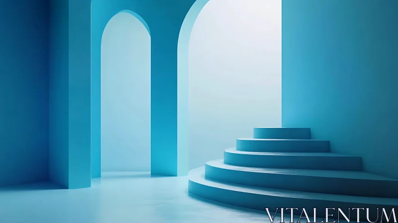 Minimalist Architecture with Spiral Staircase in Blue Tones.
