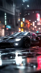 Retro GT race car under neon rain with reflective wet asphalt.