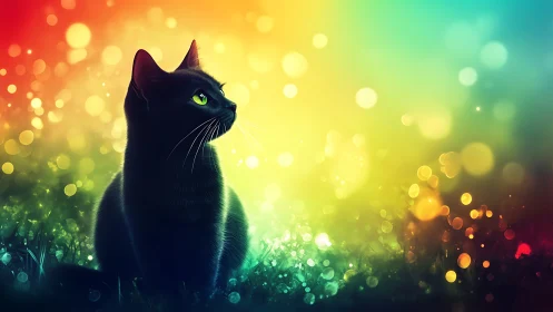 Black Cat with Yellow Eyes Surrounded by Colorful Bokeh Light