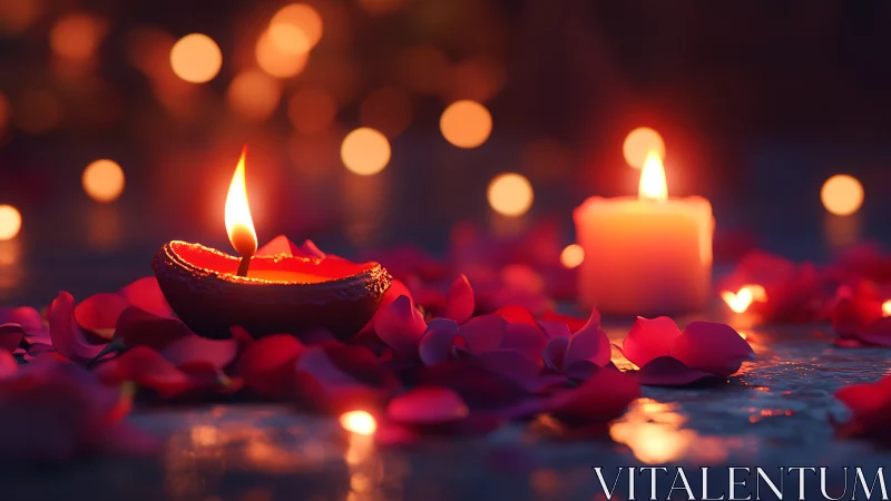 Illuminated Diya with Rose Petals: Bokeh-Rendered Luminescent Composition.