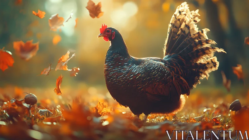 Rooster with spread plumage amid autumn leaves in warm golden light