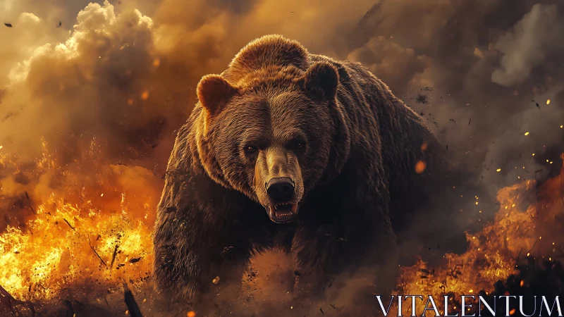 Warrior bear charges through blazing inferno smoke field.