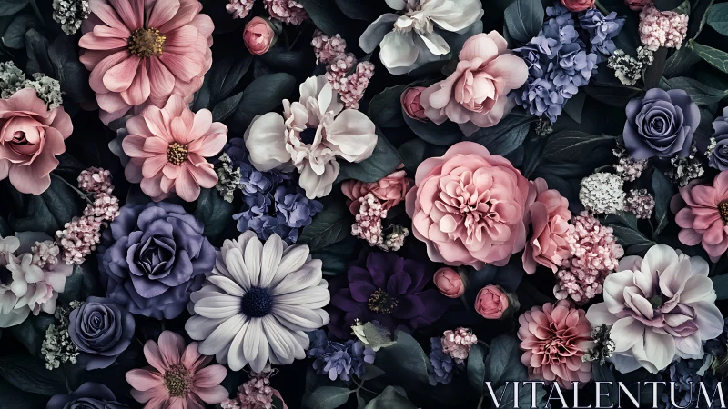 Dark Floral Arrangement with Pink, White, and Purple Blooms.