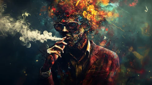 Man smoking as colorful abstract smoke engulfs his head