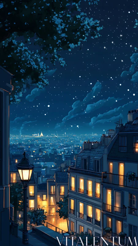 Starlit city hillside where warm windows glow softly.