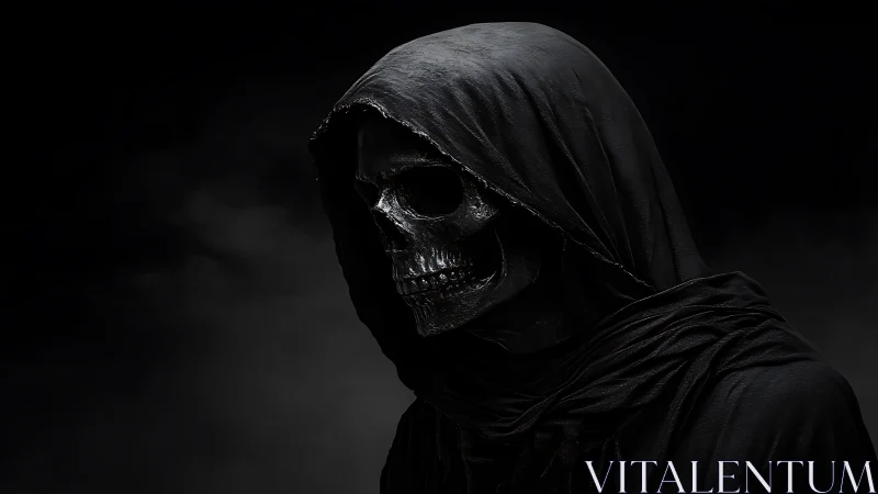 Grim reaper portrait with shrouded skull in deep shadow