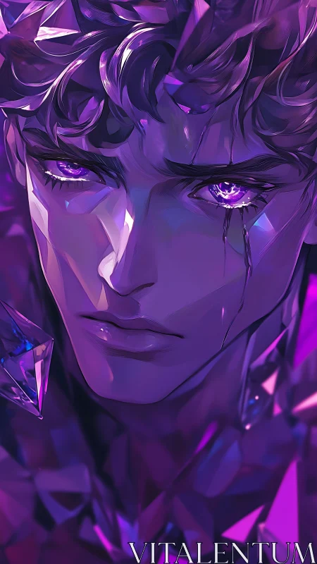 Crystal-eyed man in violet light with fractured glow.