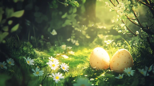 Speckled eggs rest in sunlit forest clearing among daisies