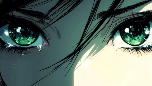 Emerald anime eyes with tears in close emotional portrait.