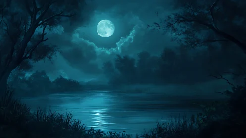 Full moon over calm forest lake in deep blue night.