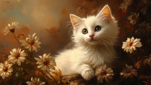White Fluffy Kitten With Heterochromatic Eyes Among Golden Daisies