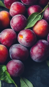 High-contrast macro still life of ripe red plums with leaves
