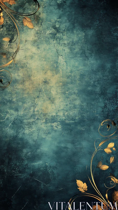 Ornate golden vine scrollwork contrasts textured teal patina