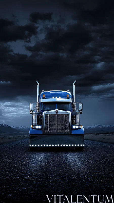 Symmetrical frontal semi-truck portrait under storm-lit night sky