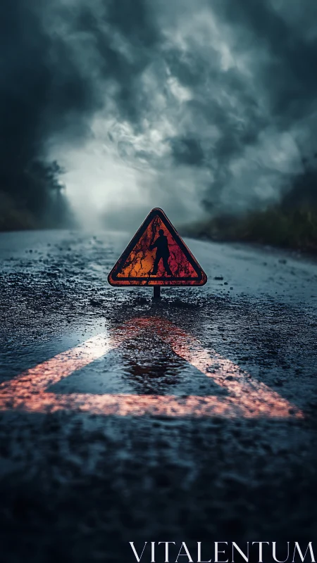 Warning sign glows on wet road under storm-heavy sky.