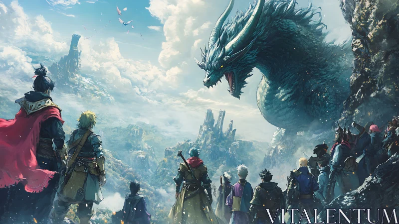 Fantasy adventurers confronting sky dragon above ruins.