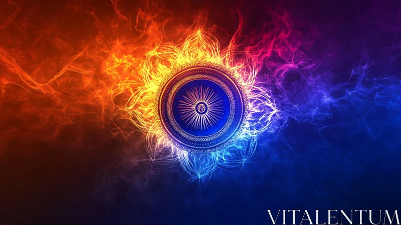 Radiant mandala core encircled by dual elemental flames.