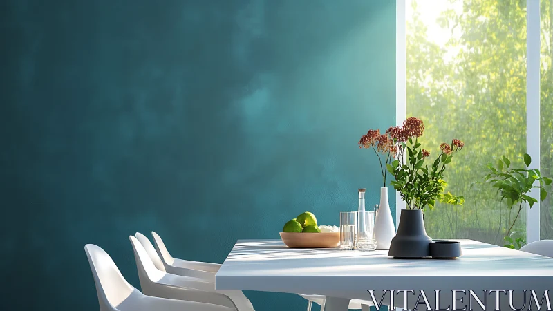 Sunlit minimalist dining table with teal wall and window lighting