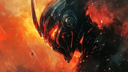 Fiery armored robot head in molten abstract inferno.