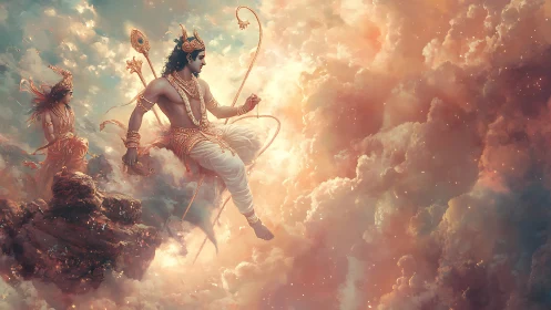 Divine warriors stride through radiant celestial clouds.