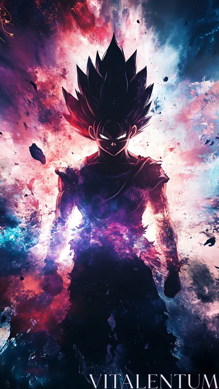 Cosmic anime warrior silhouette ignites explosive nebula
