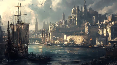 Sunlit fantasy harbor bustling beneath grand stone spires.