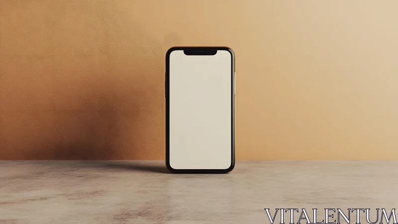 Modern smartphone with blank screen on minimalist beige background.