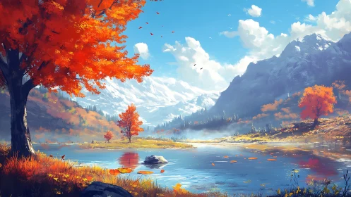 Golden autumn lake beneath bright snowy mountain peaks.