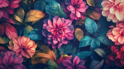 Vibrant Dahlias. Saturated Pink and Fuchsia Blooms Against Deep Teal Foliage.