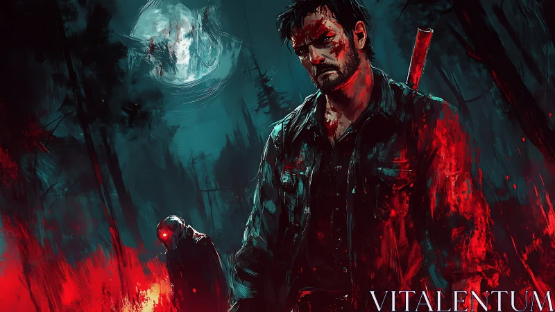 Moonlit survivor in blood-soaked haunted forest scene.