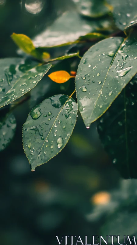 Wet green leaves hold scattered raindrops in soft focus