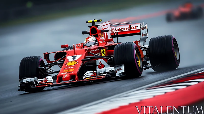 Scarlet formula racer carves wet asphalt into silver ribbons